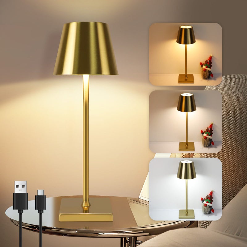 NETTLIFE Vintage Gold LED Lampa stołowa Bezprzewodowa dotykowa ściemnialna Lampka nocna 3 temperatury barwowe