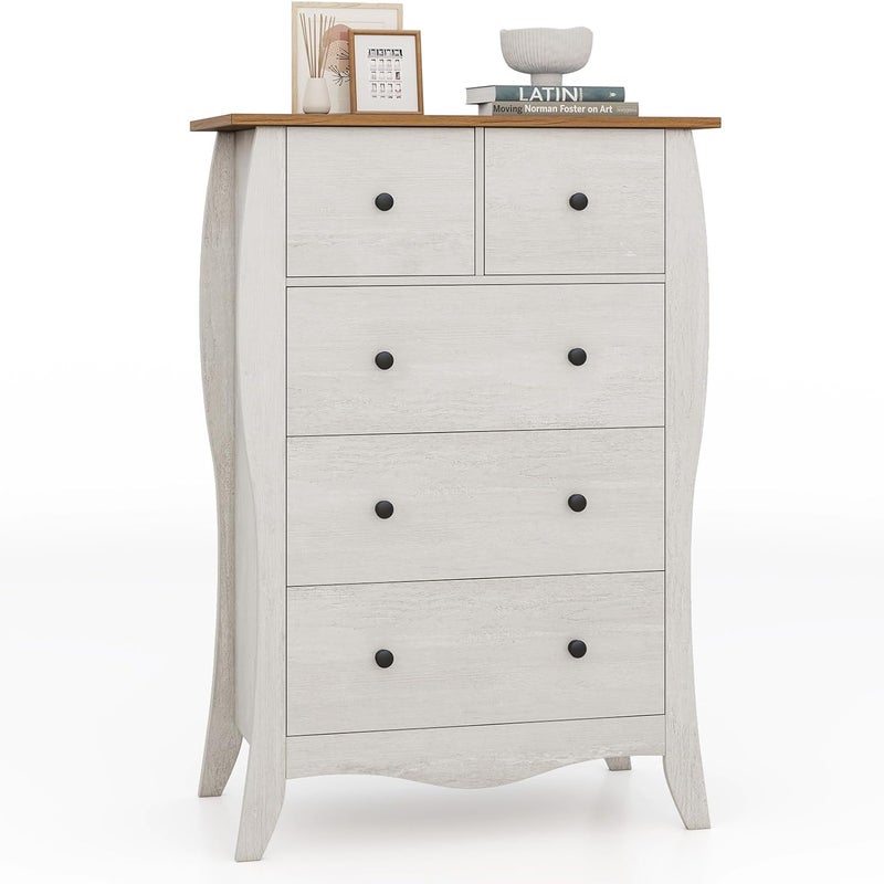 Komoda z 5 szufladami, komoda w stylu wiejskim ze składanymi szufladami z materiału, szafka do przechowywania z drewna, sypialni (szara)