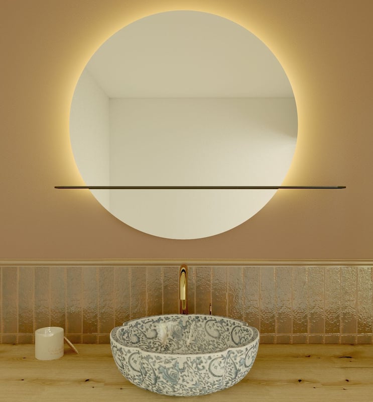 Round Shelf Line lustro z oświetleniem LED, bez ramy, z czarną półką 80 cm