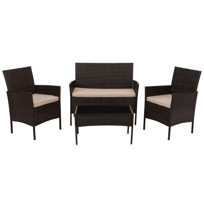 Zestaw ogrodowy z polirattanu HWC-N98, zestaw wypoczynkowy, metal szkło tkanina/tkanina (180g/m²) ~ brązowy, poduszki kremowe