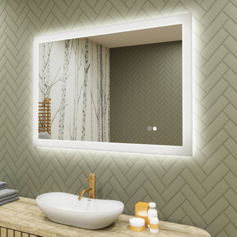 Podświetlane lustro łazienkowe 100x70, lustro LED z funkcją dotykową i przeciwmgielną, system kolorów DUAL LED