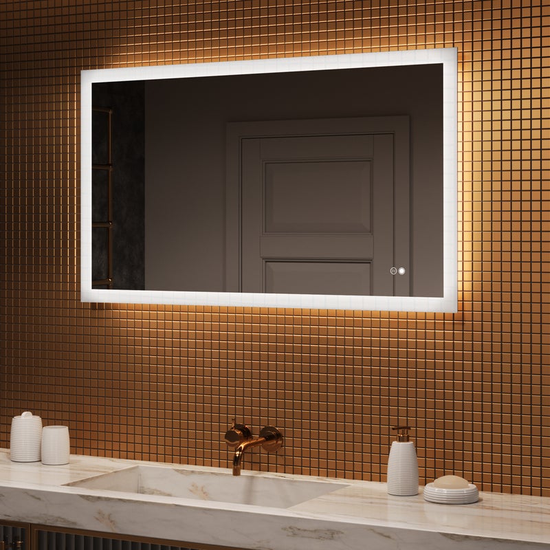 Lustro łazienkowe z oświetleniem 120x70, lustro LED z ekranem dotykowym i funkcją przeciwmgielną, system kolorów DUAL LED