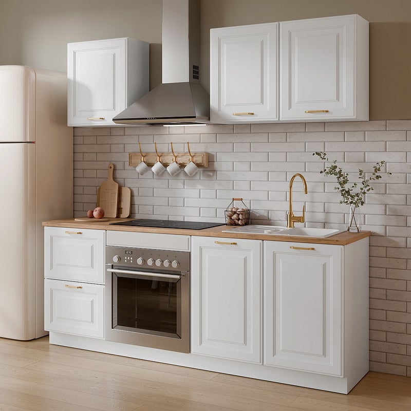 Zestaw mebli kuchennych - Z blatem 200 cm - Biały i naturalny - CELOMIA