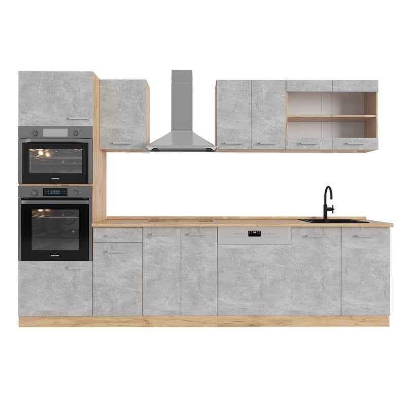 Vicco Aneks kuchenny R-Line, Beton/złoty dąb, 300 cm z wysoką szafką, bez blatu