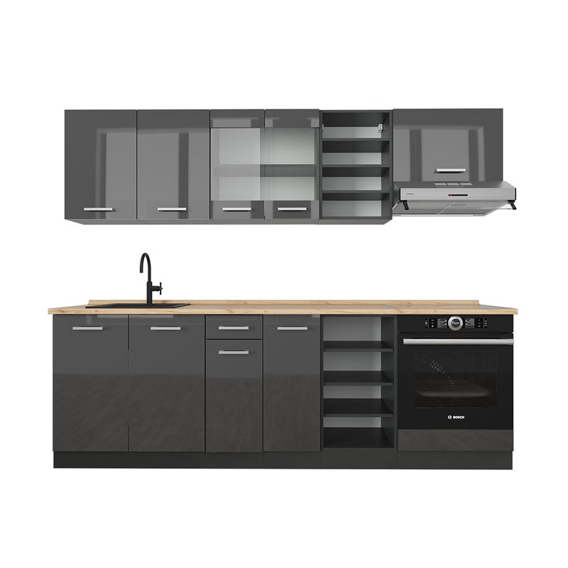 Vicco Zabudowa kuchenna R-Line, Antracyt wysoki połysk/antracyt, 240 cm , BP Dąb