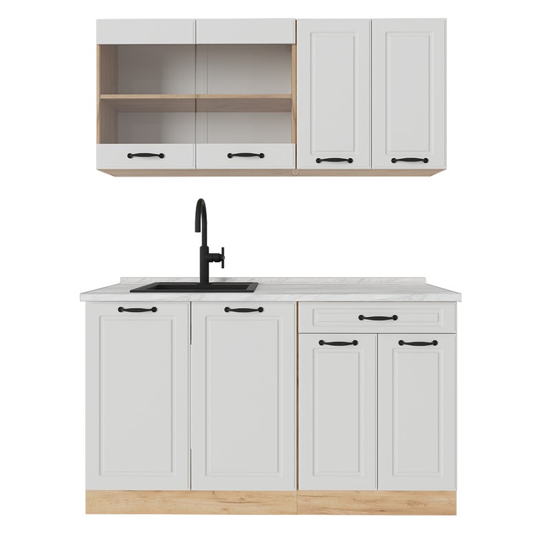 Vicco Pojedyncza kuchnia R-Line, Biały dworek/złoty dąb, 140 cm , BP Marmur