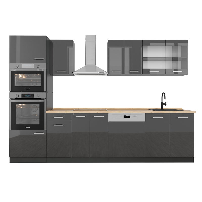 Vicco Aneks kuchenny R-Line, Antracyt wysoki połysk/antracyt, 300 cm z wysoką szafką, BP Dąb