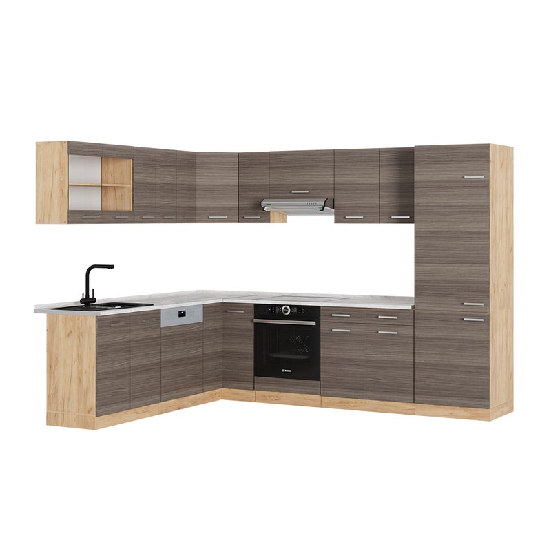 Vicco Kogoszczona kuchnia R-Line, Szlachetny szary/złoty dąb, 287 x 60 cm , BP Marmur