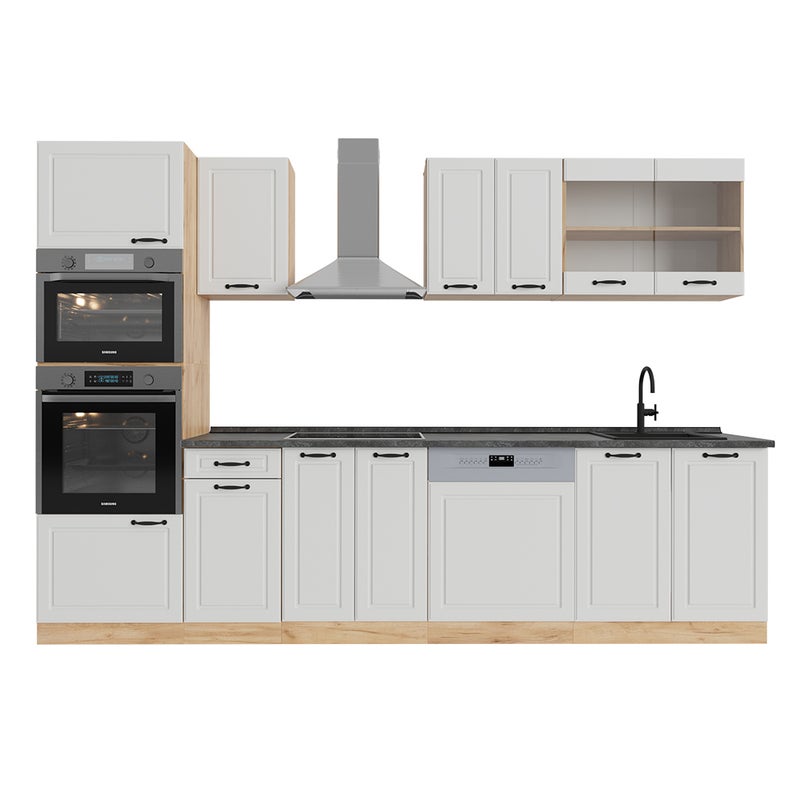 Vicco Aneks kuchenny R-Line, Biały dworek/złoty dąb, 300 cm z wysoką szafką, BP Antracyt