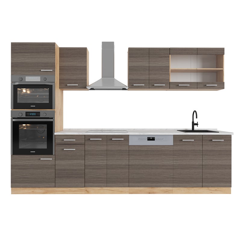 Vicco Aneks kuchenny R-Line, Szlachetny szary/złoty dąb, 300 cm z wysoką szafką, BP Marmur