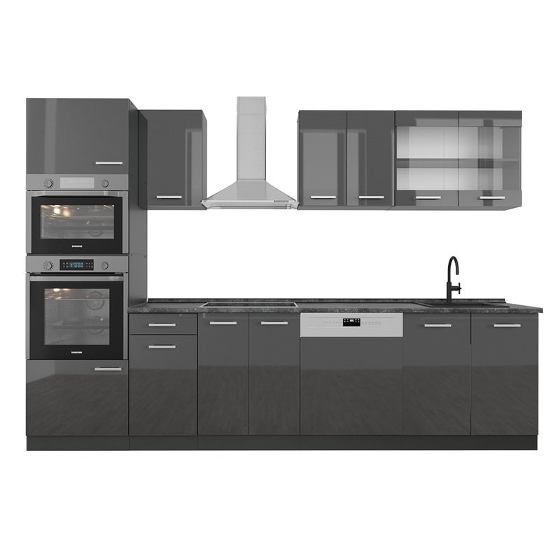 Vicco Aneks kuchenny R-Line, Antracyt wysoki połysk/antracyt, 300 cm z wysoką szafką, BP Antracyt