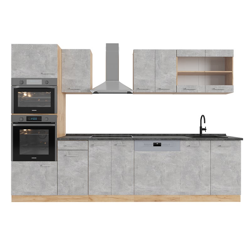 Vicco Aneks kuchenny R-Line, Beton/złoty dąb, 300 cm z wysoką szafką, BP Antracyt