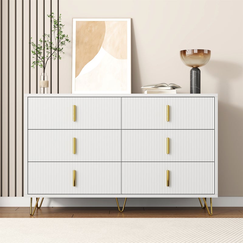 Komoda z 6 szufladami - 120 x 44 x 77 cm - Płyta wiórowa i nogi metalowe w kolorze złotym - Kolor biały