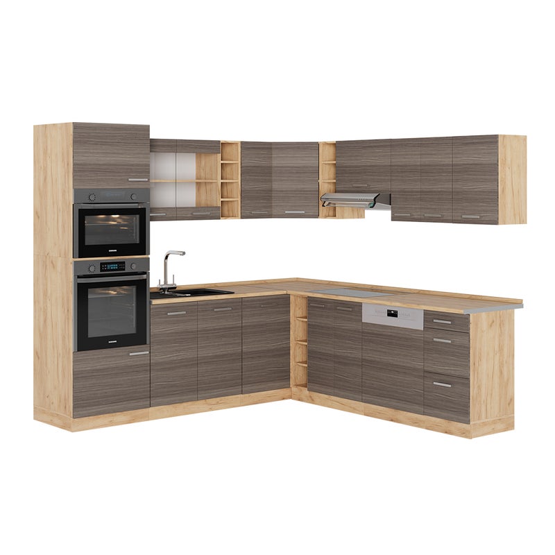 Vicco Kuchnia narożna R-Line, Szlachetny szary/złoty dąb, 247 x 46 cm bez blatu roboczego