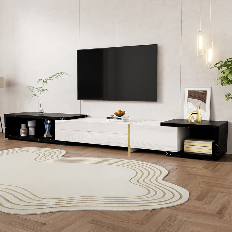 Rozsuwana i obrotowa szafka RTV z 3 drzwiami - 140/260 x 40 x 30 cm - Efekt marmuru - MDF - Czarny + biały