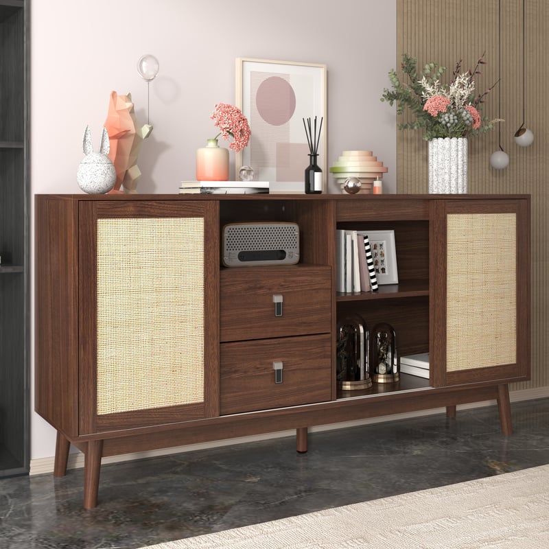 Komoda z 2 szufladami i 3 drzwiami przesuwnymi z rattanu - 155 x 38 x 80 cm - MDF, Płyta wiórowa - Brązowa