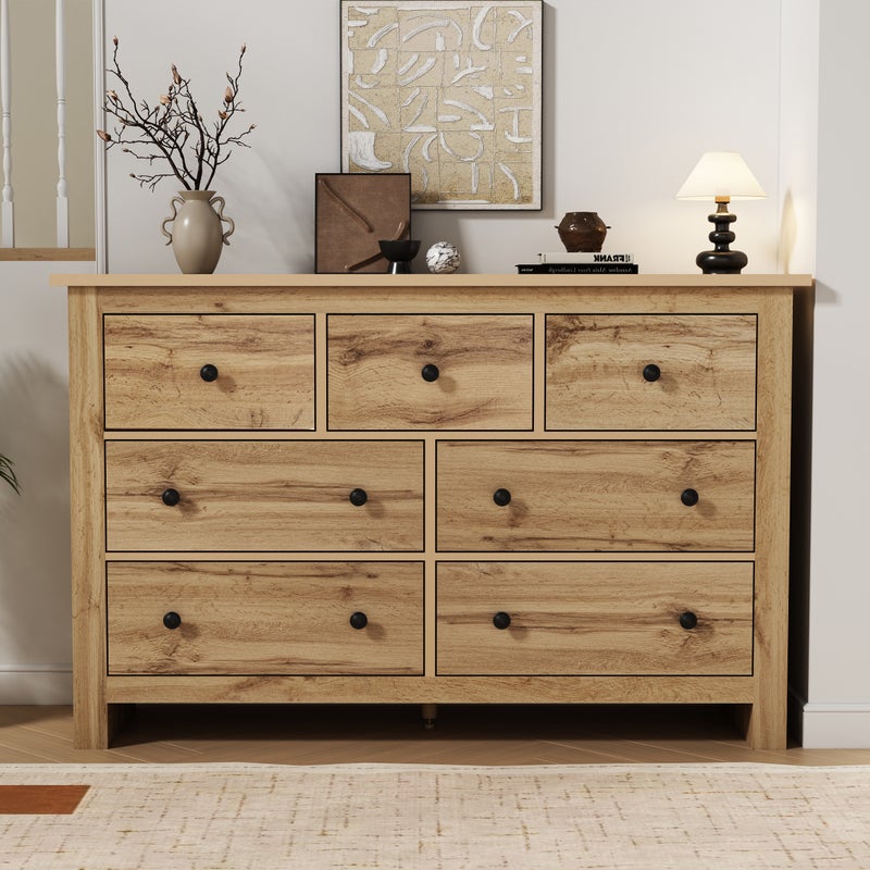 Nowoczesna komoda z 7 szufladami - 152 x 40 x 89 cm - Płyta wiórowa - do jadalni - Kolor drewna