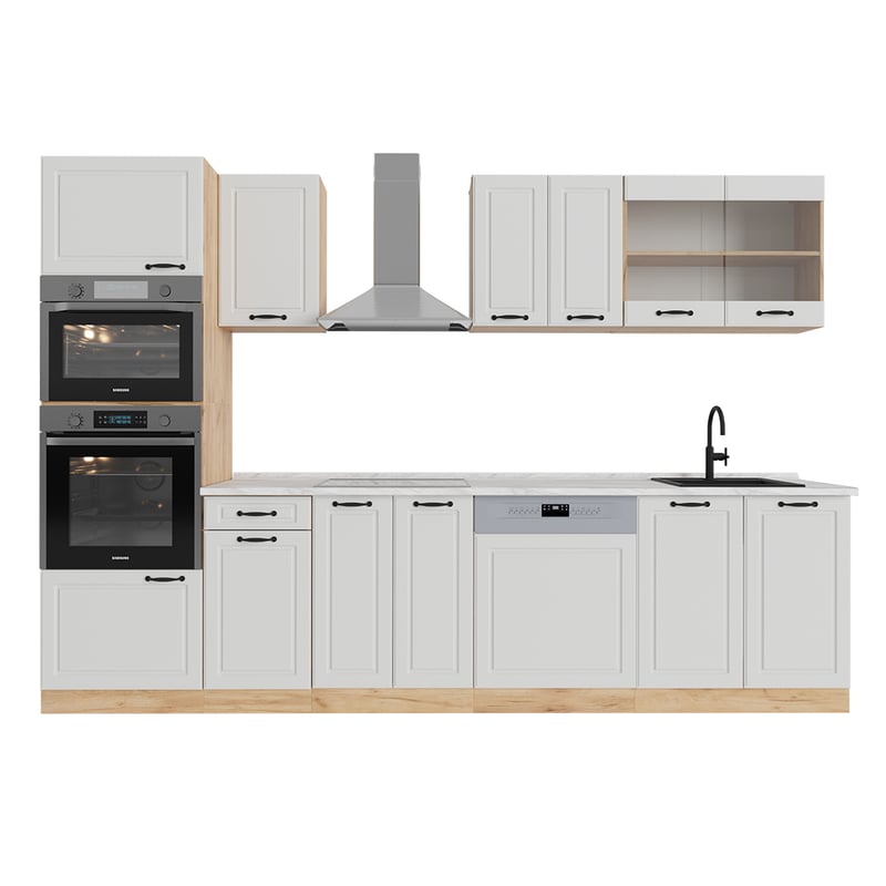 Vicco Aneks kuchenny R-Line, Biały dworek/złoty dąb, 300 cm z wysoką szafką, BP Marmur