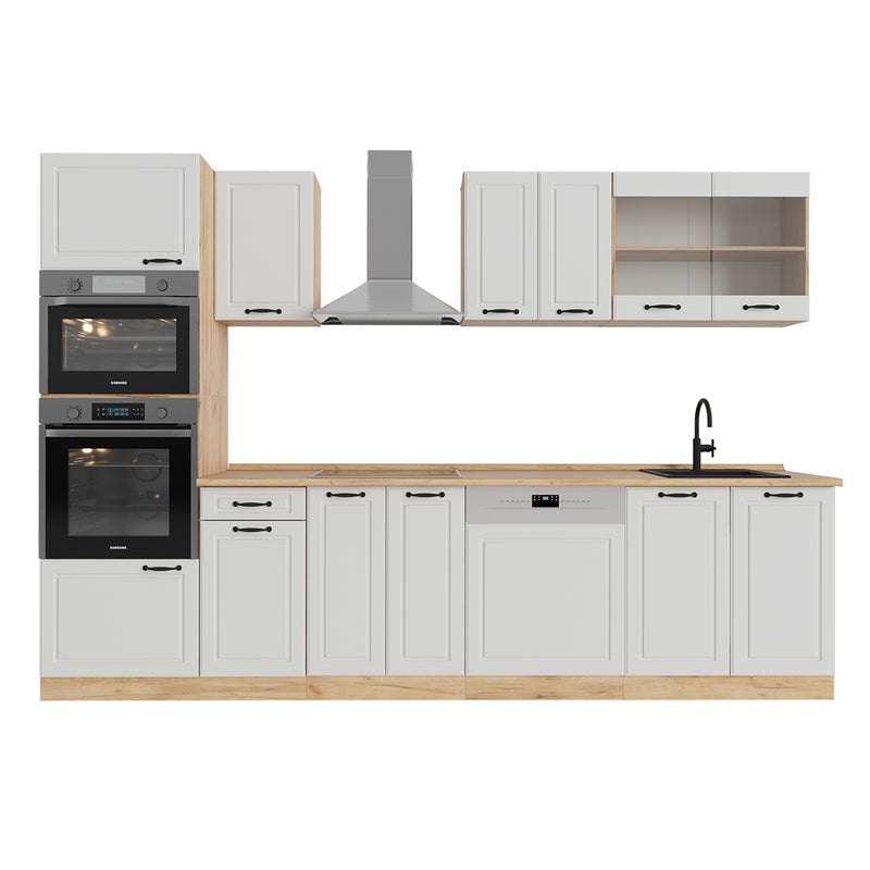 Vicco Aneks kuchenny R-Line, Biały dworek/złoty dąb, 300 cm z wysoką szafką, BP Dąb