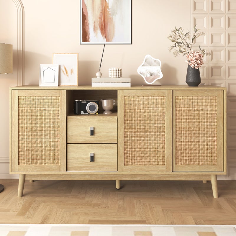 Komoda z 3 przesuwanymi drzwiami z rattanu - 155 x 38 x 80 cm - Płyta MDF, Płyta wiórowa - Kolor naturalny
