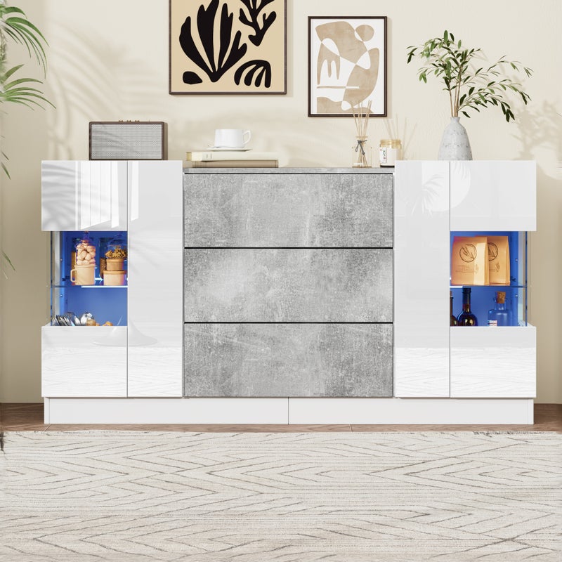 Komoda z 2 drzwiami i 3 szufladami - 140 x 35 x 75 cm - Płyta MDF i szkło - Błyszczący efekt białego i szarego marmuru