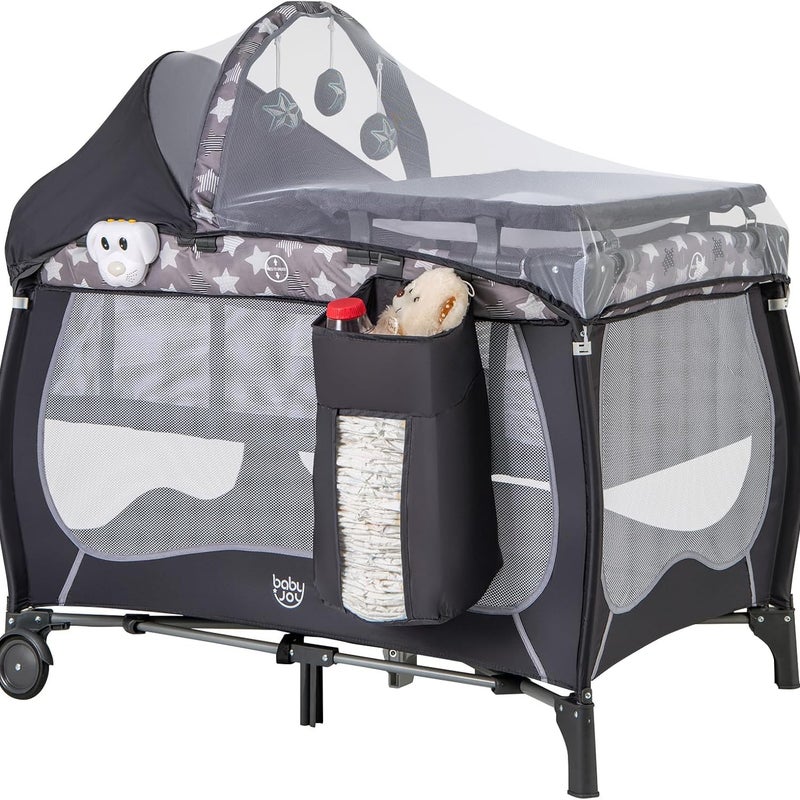 Łóżeczko Turystyczne dla Niemowląt z Materacem i Przewijakiem, z Pozytywką, 3 Zabawkami, Torbą Transportową i Boczną Torbą (Szare)