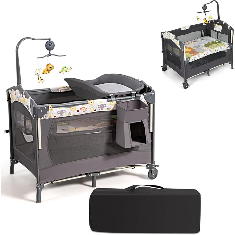 Łóżeczko Dziecięce 0-36 Miesięcy, 4 w 1 Łóżeczko Turystyczne ze Składanym Przewijakiem, 3 Regulowane Poziomy, Szare