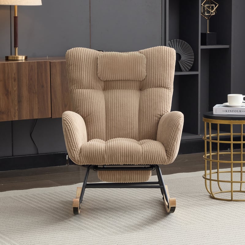Fotel bujany z regulowanym podnóżkiem i podłokietnikami - 102 x 65 x 92 cm - Sztruks - Brązowy
