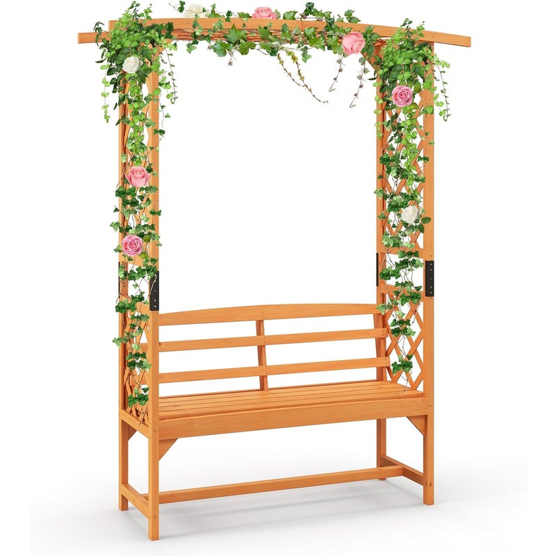 Łuk różany z ławką, drewniany łuk ogrodowy, łuk do roślin pnących, 2-osobowa ławka ogrodowa z podpórką dla roślin pnących, 160 x 50 x 199 cm