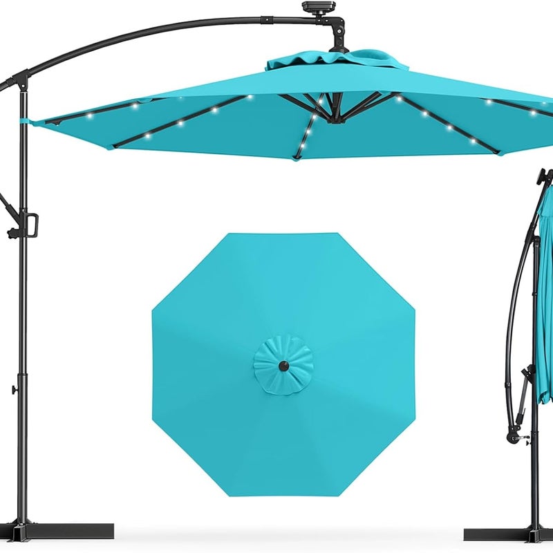 Parasol z Wysięgnikiem 3 m z 32 Diodami LED Zasilanymi Energią Słoneczną, 8 Żebrami, Parasol z Regulacją Nachylenia i Obrotem o 360° (Turkusowy)