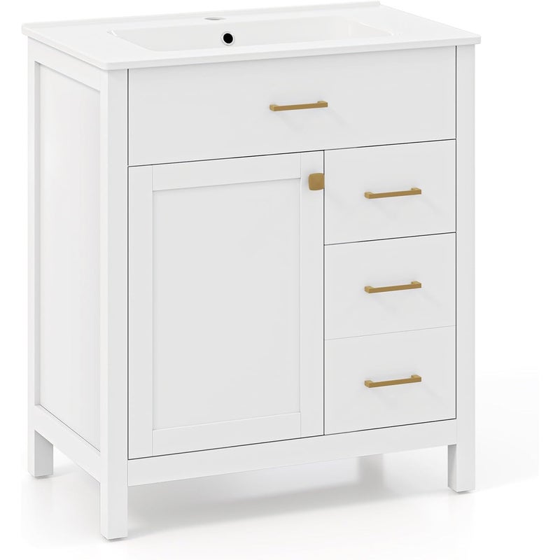 Umywalka z szafką pod umywalkę, szafka pod umywalkę z 2 szufladami i 2 drzwiami, drewniana szafka pod umywalkę, 76 x 46,5 x 86 cm, biała