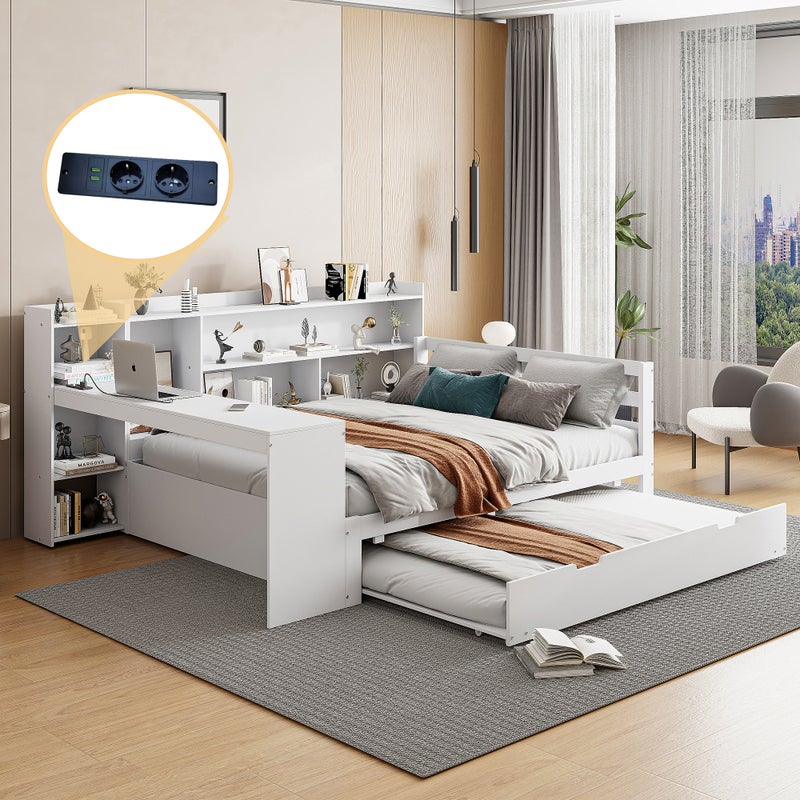 Łóżko wysuwane 140 x 200 cm + 90 x 190 cm - z biurkiem, przegródkami i portami USB - Sosna + sklejka + MDF - Białe