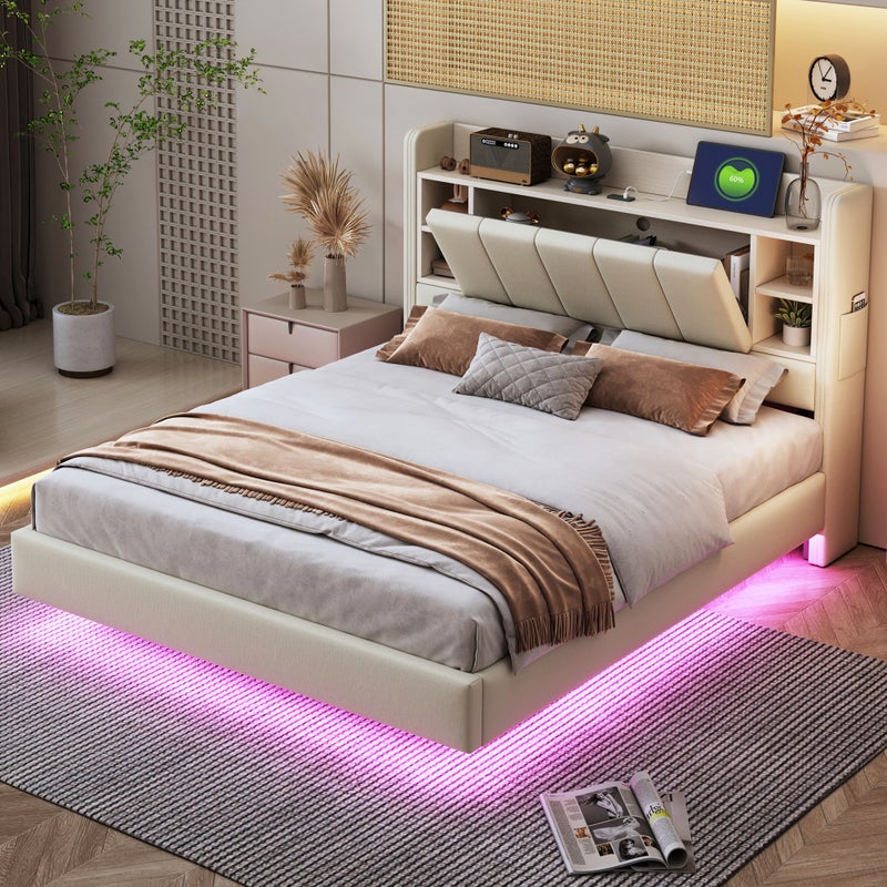 Łóżko tapicerowane 140 x 200 cm z odwracalnym zagłówkiem i miejscem do przechowywania - Gniazdo USB i diody LED - Tkanina lniana - Beż