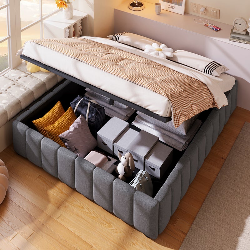 Łóżko z pojemnikiem 140 x 200 cm bez zagłówka - Tkanina lniana - Stelaż z listew w zestawie - Szare (bez materaca)