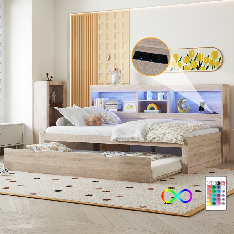 Łóżko wysuwane 90 x 200 cm + 90 x 190 cm z przegródkami i gniazdami USB - LED - Płyta wiórowa + MDF - Naturalne (bez materaca)