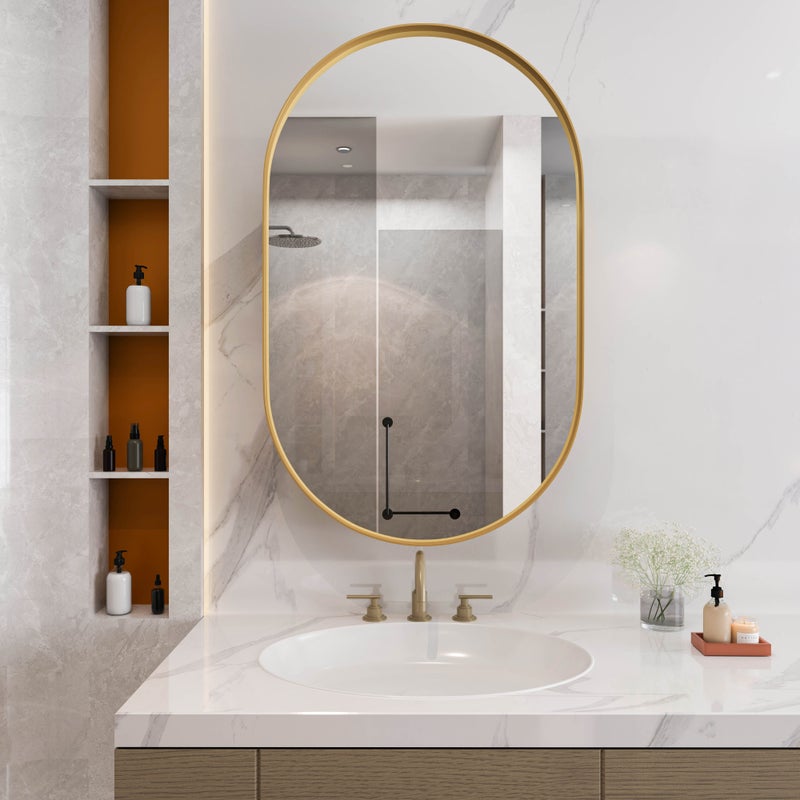 Owalna szafka lustrzana z metalową ramą, regulowanymi półkami, do montażu ściennego lub podtynkowego, złote wykończenie do łazienki