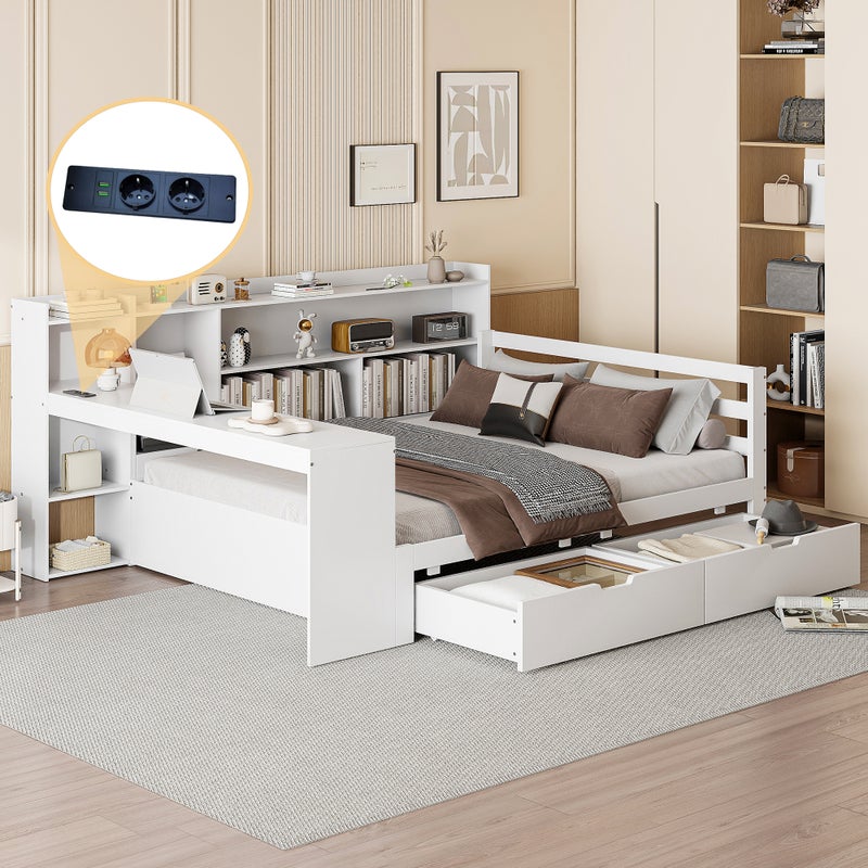 Łóżko 140 x 200 cm z zagłówkiem i 2 szufladami - biurko, przegródki i gniazda USB - Sosna + sklejka + MDF - Białe