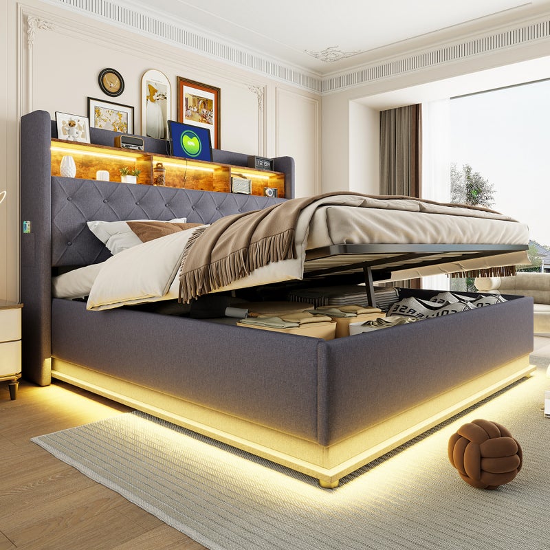 Łóżko z pojemnikiem 180 x 200 cm i zagłówkiem - Ładowanie USB i diody LED - Tkanina lniana - Szary