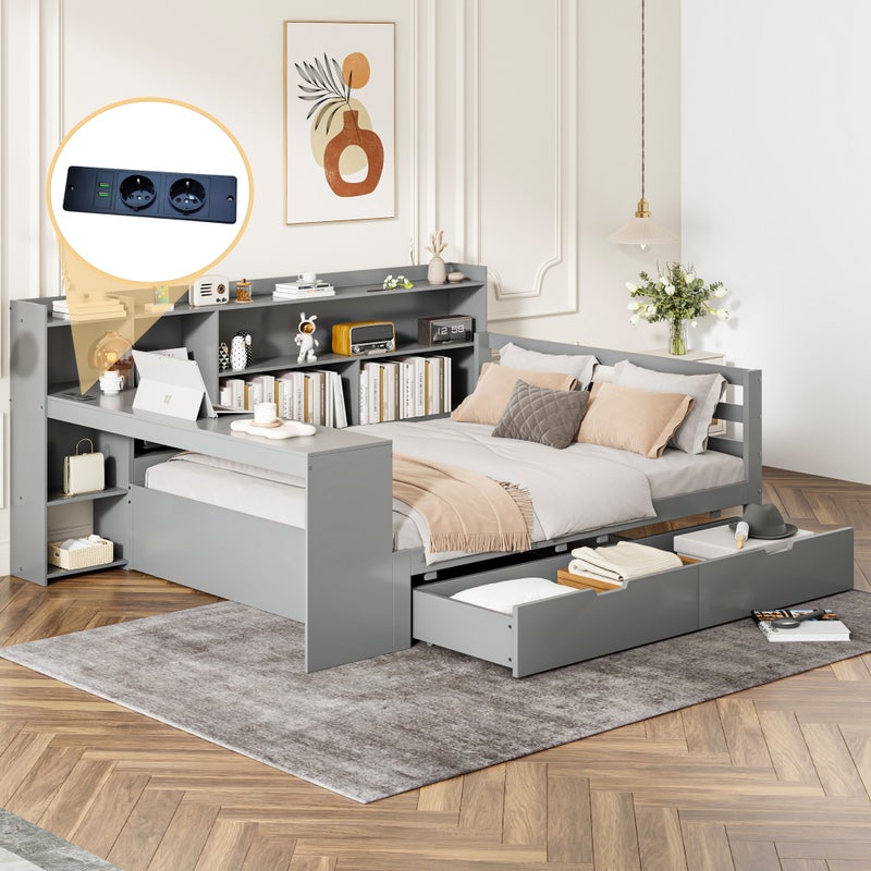 Łóżko 140 x 200 cm z zagłówkiem i 2 szufladami - biurko, przegródki i gniazda USB - Sosna + sklejka + MDF - Szare