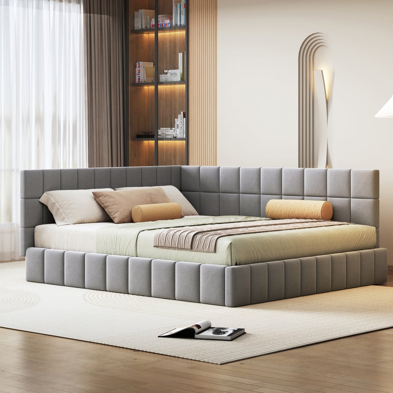 Łóżko tapicerowane 160 x 200 cm, Sofa z funkcją spania z zagłówkiem - Tkanina aksamitna - z podstawą z listew - Szary