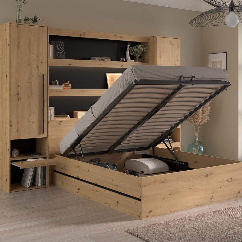 Łóżko ze skrzynią i zabudową 140 x 190 cm - Naturalny i czarny + Materac - LUDARO