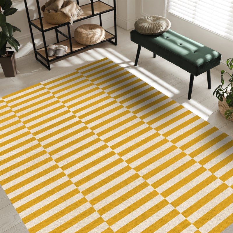 Winylowa mata podłogowa Dynamic Mustard 133x200 cm -PVC antypoślizgowy, winylowy dywanik do kuchni lub salonu, zmywalny, abstrakcyjny styl