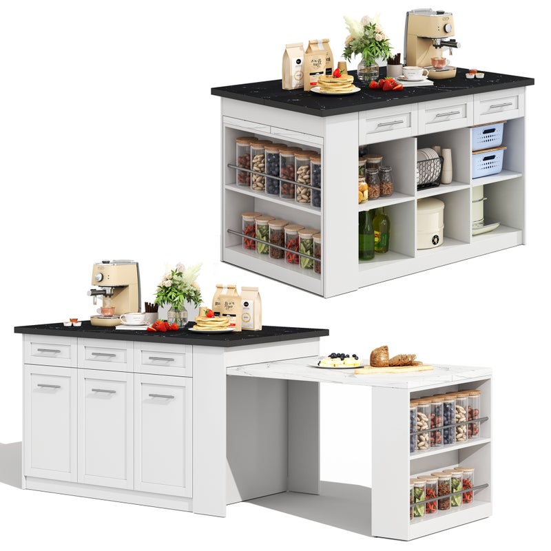 Wyspa kuchenna z 3 drzwiami, 6 szufladami i przegródkami - rozkładany blat - 150/246 x 90 x 90 cm - drewno MDF - biały + czarny