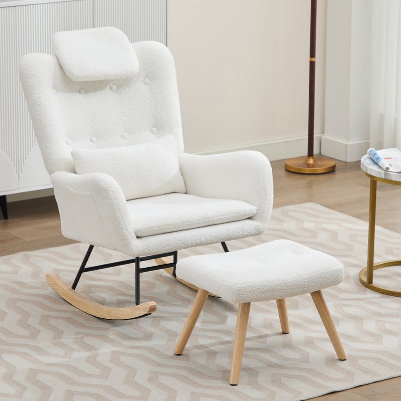 Fotel bujany z podnóżkiem - 73 x 92 x 102 cm - Podłokietniki i zagłówek - Tkanina welurowa Teddy - Biały