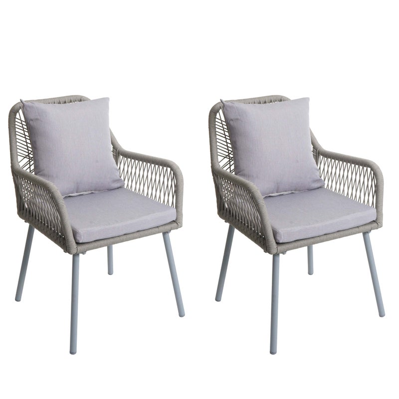 Zestaw 2 krzeseł ogrodowych HWC-O12, zewnętrzne siedzisko/oparcie poduszka aluminiowa splot linowy Rope ~ szary, szary pokrowiec