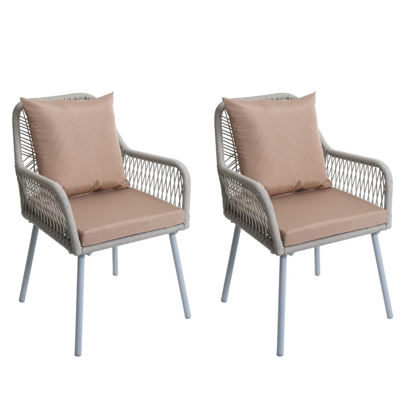 Zestaw 2 krzeseł ogrodowych HWC-O12, poduszka na siedzisko/oparcie, aluminiowy splot linowy Rope ~ szary, pokrowiec taupe