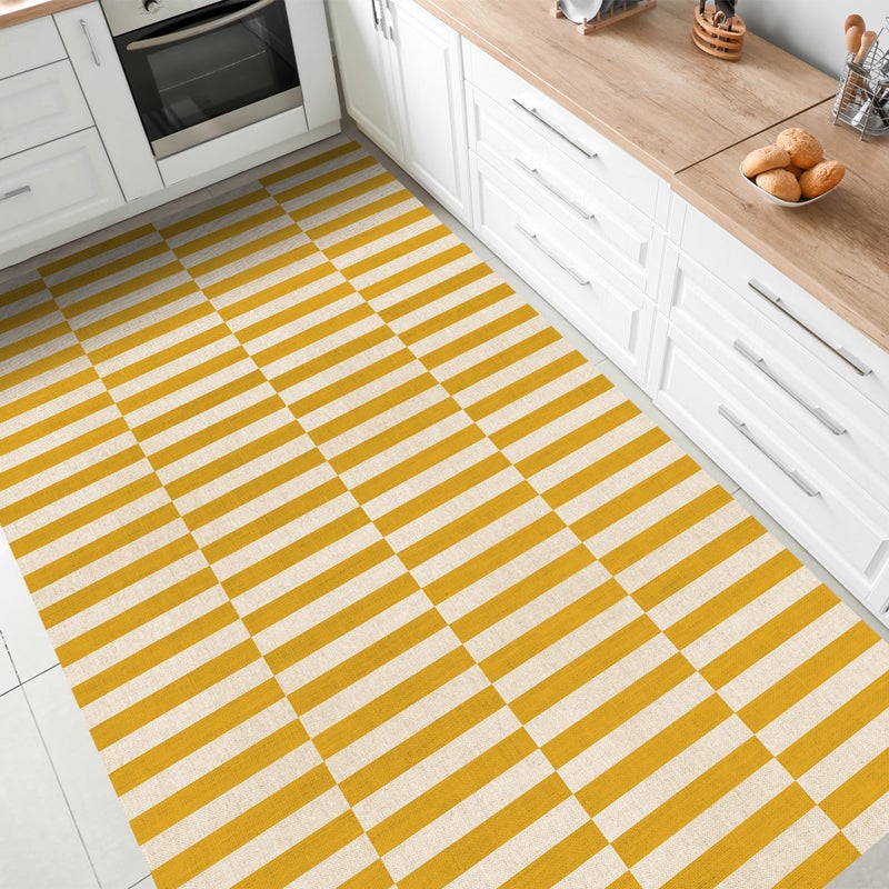 Winylowa mata podłogowa Dynamic Mustard 100x133 cm -PVC antypoślizgowy, winylowy dywanik do kuchni lub salonu, zmywalny, abstrakcyjny styl