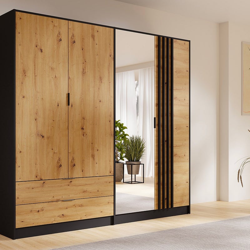 Szafa 4-drzwiowa z 2 szufladami - Z lustrem - szer. 220 cm - Czarny i naturalny - TUNALO