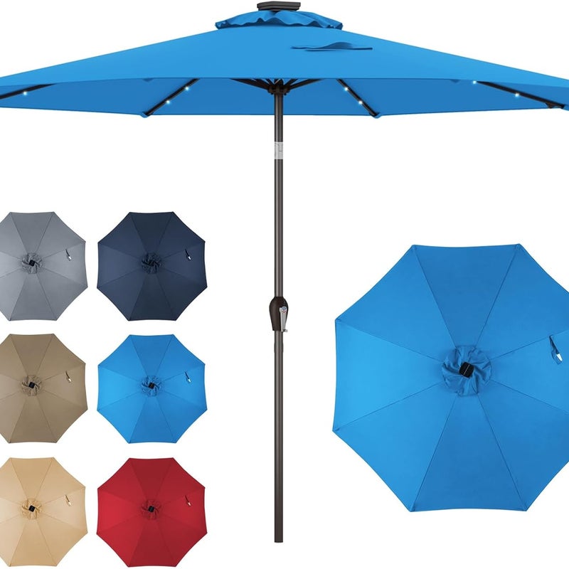 Parasol Ogrodowy 3M, Parasol z Regulacją Nachylenia, 8 Żeber, Podświetlenie Słoneczne 24 LED, Korba, Ochrona przed UV, Duży Parasol, Niebieski