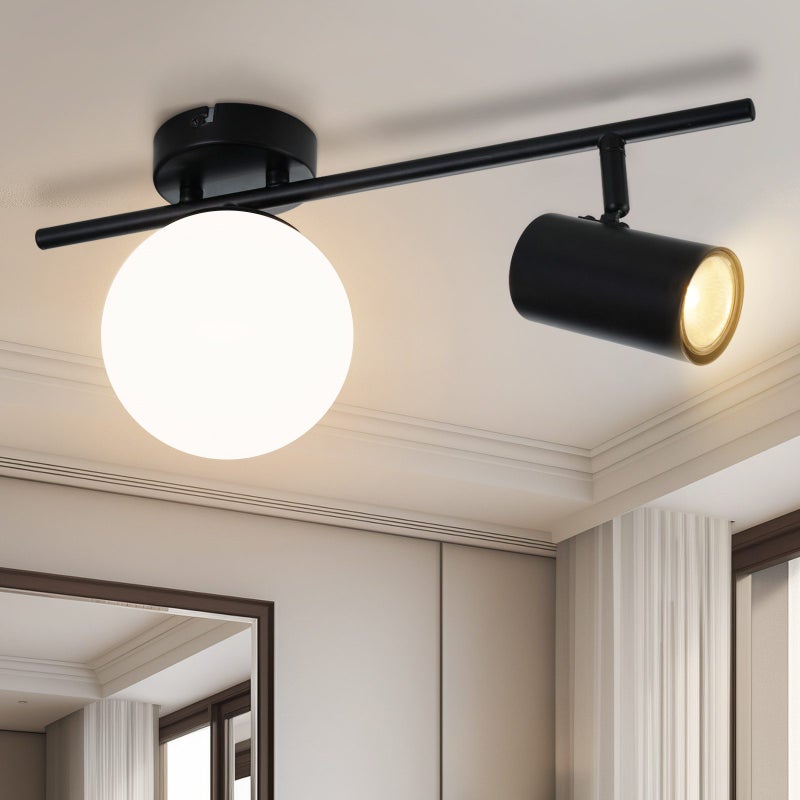 NETTLIFE 2-płomienny Reflektorowa sufitowy czarny Nowoczesna lampa sufitowa z GU10 Obrotowy 40CM Metalowa szklana kula E14